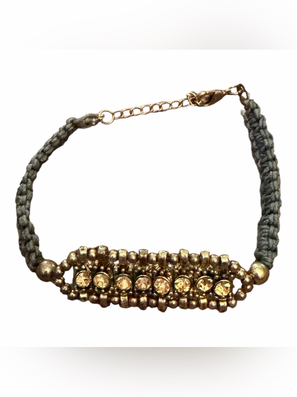 Boho Macrame Rhinestone Bracelet Gray Cord Gold Tone Adjustable 7-9”